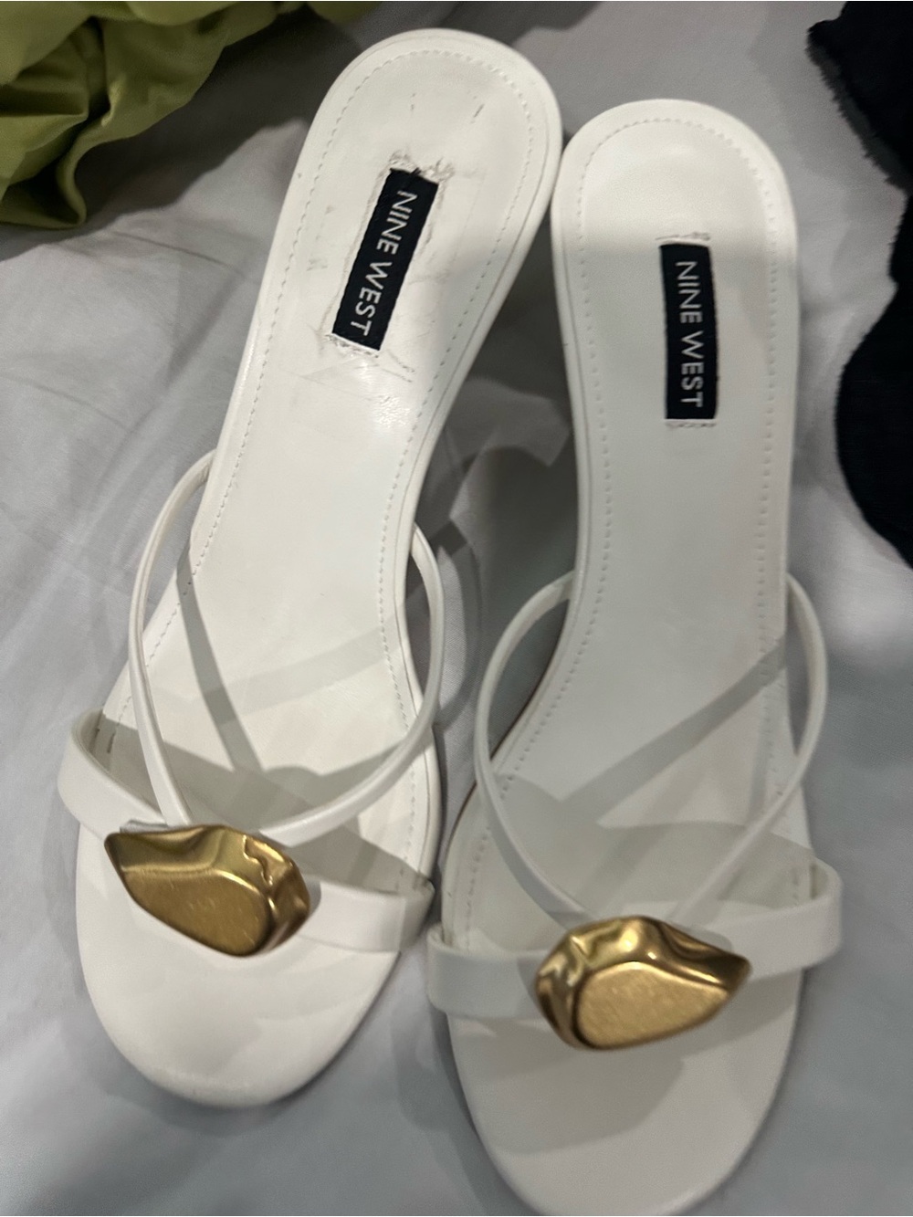 Nine West White Slide Sandals with Gold Accent Ornament